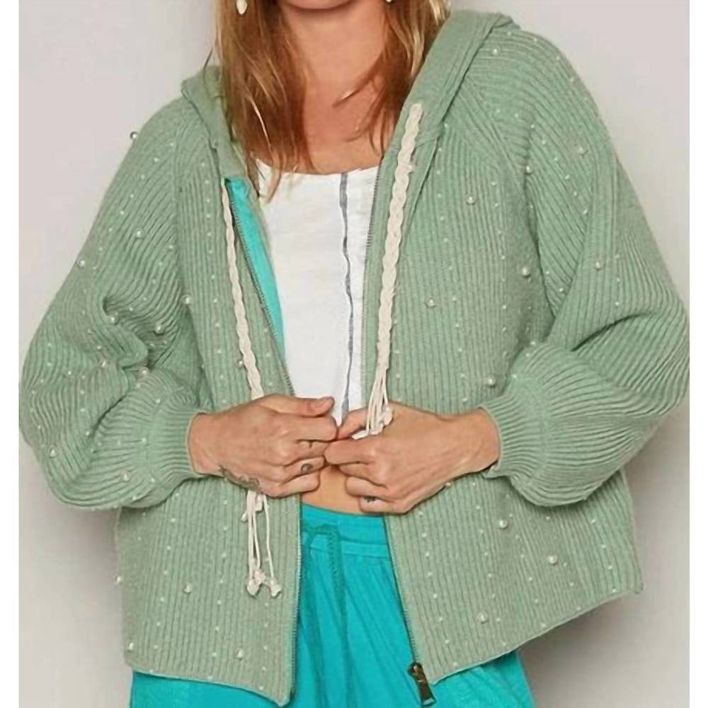 POL Mint Green V‑Neck Pearl Accent Knit Sweater